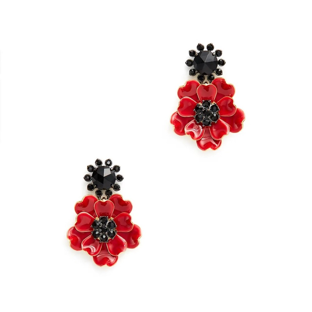 Kate Spade Poppy flower drop earrings with red enamel and black crystal accents